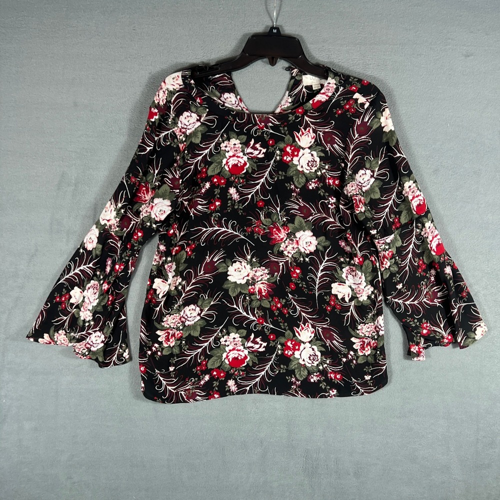 LOFT Women Blouse SP Black Floral Print Relaxed Long Bell Sleeve Keyhole Back